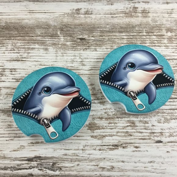 Dolphin Peek-a-Boo Zipper Car Coasters Set of 2 - Picture 5 of 6